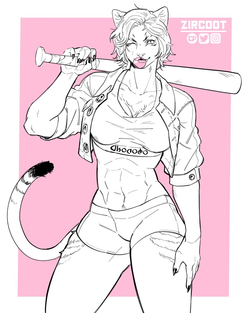 abs animal_ears baseball_bat breasts character_request chewing_gum cropped_jacket final_fantasy final_fantasy_xiv furry furry_female highres holding holding_baseball_bat hrothgar jacket monochrome muscular muscular_female one_eye_closed open_clothes open_jacket short_shorts shorts sports_bra tail zircoot