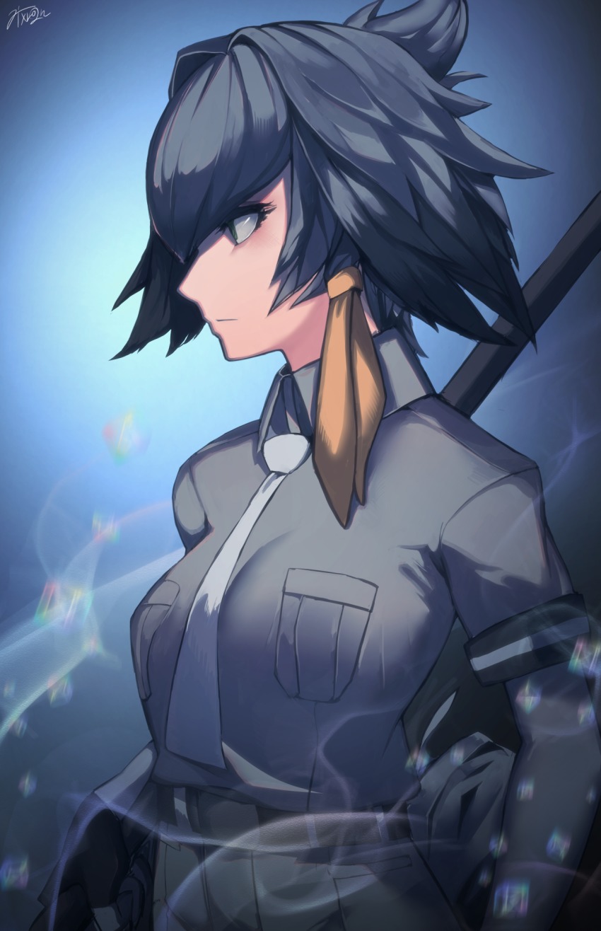 10s 1girl belt black_gloves breast_pocket commentary_request female_focus fingerless_gloves fixro2n gloves green_eyes grey_hair grey_shirt highres kemono_friends necktie pocket profile sandstar serious shirt shoebill_(kemono_friends) short_hair signature solo white_necktie