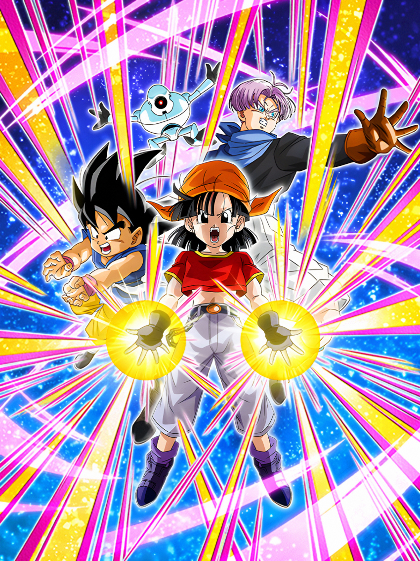 1girl 2boys dokkan_battle dragon_ball dragon_ball_gt energy highres multiple_boys official_art pan_(dragon_ball) powering_up serious son_goku tagme trunks_(dragon_ball)