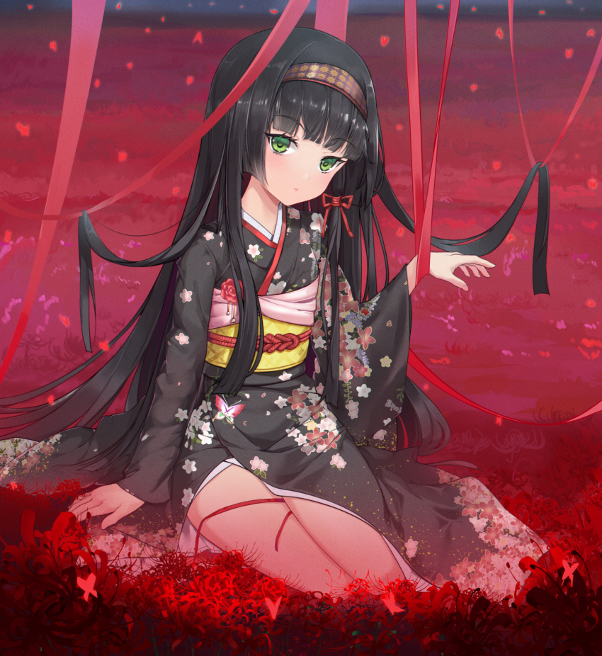 1girl bishoujo_mangekyou bishoujo_mangekyou:_kotowari_to_meikyuu_no_shoujo bishoujo_mangekyou_(series) black_hair black_kimono blunt_bangs breasts closed_mouth commentary_request field floral_print flower flower_field green_eyes hair_ribbon hairband hand_on_ground hand_up highres hime_cut japanese_clothes kimono long_hair long_sleeves looking_at_viewer nipples obi on_ground print_kimono red_background red_flower red_ribbon renge_(bishoujo_mangekyou) ribbon sash sitting solo spider_lily very_long_hair wide_sleeves zoneky