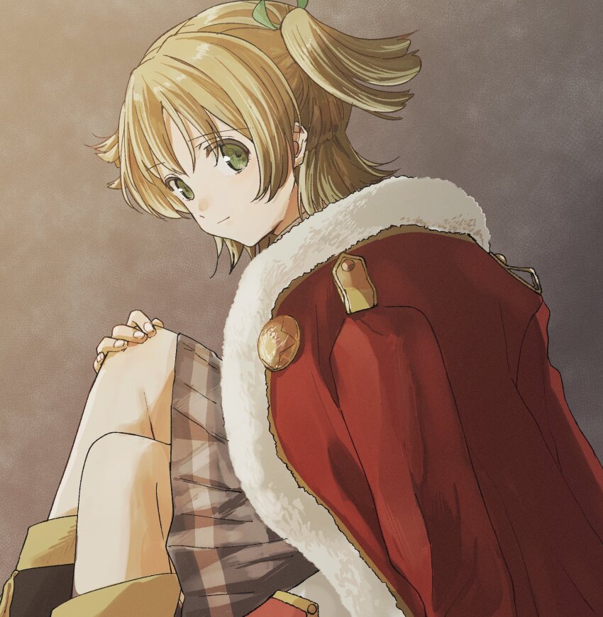 1girl black_boots blonde_hair boots brown_background closed_mouth daiba_nana feet_out_of_frame fingernails from_side fur-trimmed_jacket fur_trim gradient_background green_eyes green_ribbon grey_background grey_skirt hair_ribbon hand_on_own_knee highres jacket jacket_on_shoulders knees_up light_smile long_sleeves looking_at_viewer looking_to_the_side miniskirt nori_(cheiwbciwkxbdjr) pleated_skirt red_jacket ribbon short_hair short_twintails shoujo_kageki_revue_starlight single_stripe sitting skirt solo striped_clothes striped_skirt twintails