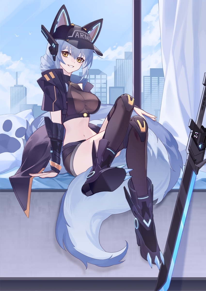 1girl alternate_costume animal_ears arknights arm_support baseball_cap black_footwear black_hat black_shorts black_thighhighs blue_hair blue_sky boots city clothes_writing cloud commentary_request crop_top crossed_legs day hat highres indoors large_tail long_hair looking_at_viewer midriff navel provence_(arknights) provence_(xz002) short_shorts shorts sitting sky solo stomach sword tail thighhighs weapon wolf_ears wolf_tail yellow_eyes