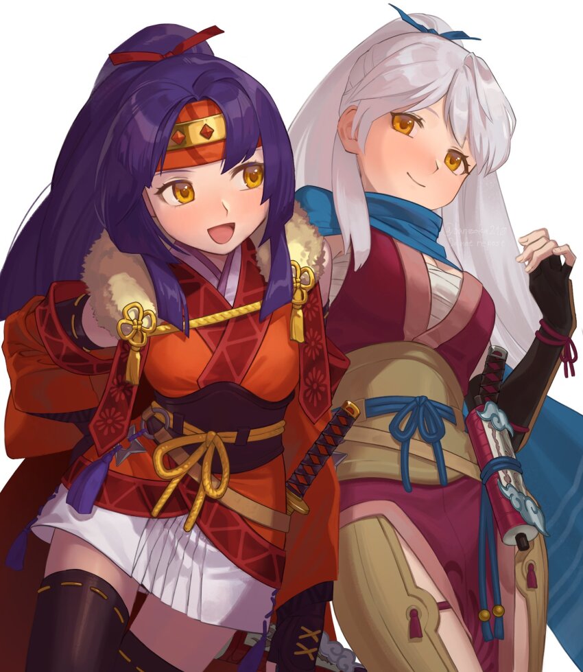 2girls :d asagi_(banzoku210) blue_scarf closed_mouth fire_emblem fire_emblem:_radiant_dawn fire_emblem_heroes forehead_protector grey_hair highres japanese_clothes long_hair long_sleeves looking_at_another micaiah_(fire_emblem) micaiah_(ninja)_(fire_emblem) multiple_girls ninja nintendo official_alternate_costume official_alternate_hairstyle open_mouth ponytail purple_hair sanaki_kirsch_altina sanaki_kirsch_altina_(ninja) scarf scroll siblings sisters skirt smile white_background white_skirt wide_sleeves yellow_eyes