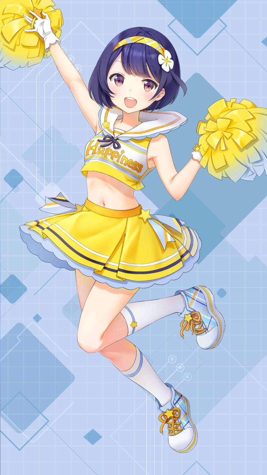 1girl :d arm_up armpits bare_arms bare_shoulders blue_hair breasts cheerleader crop_top crop_top_overhang full_body girl_cafe_gun gloves hairband hand_up highres holding holding_pom_poms iritoa kneehighs leg_up looking_at_viewer midriff miniskirt navel official_art open_mouth pom_pom_(cheerleading) pom_poms purple_eyes sailor_collar shi_wuyou shirt shoes short_hair skirt sleeveless sleeveless_shirt small_breasts smile sneakers socks solo stomach thighs white_gloves white_socks yellow_skirt