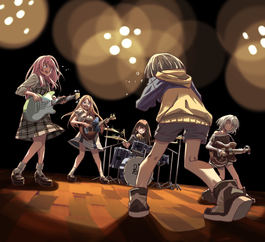 5girls anjuro_zeeku bang_dream! bang_dream!_it&#039;s_mygo!!!!! black_footwear black_shirt brown_hair chihaya_anon commentary crying dress from_behind grey_hair heterochromia highres holding holding_microphone instrument kaname_raana long_hair looking_at_another medium_hair microphone multiple_girls music mygo!!!!!_(bang_dream!) nagasaki_soyo pink_hair plaid_clothes plaid_dress playing_bass_guitar playing_drum playing_guitar playing_instrument purple_eyes school_uniform shiina_taki shirt socks stage takamatsu_tomori tsukinomori_school_uniform utakotoba white_socks