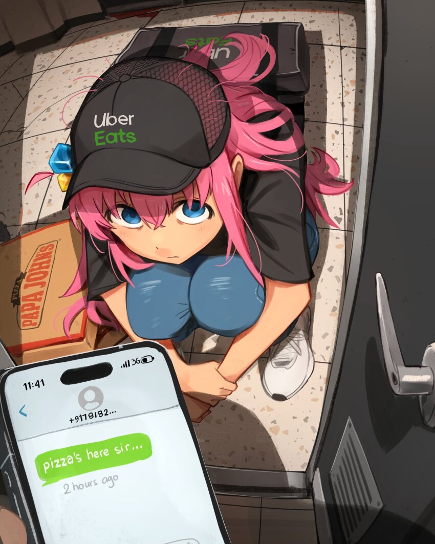 1girl absurdres animal baseball_cap black_hat black_shirt blood blood_on_ground blue_eyes bocchi_the_rock! cellphone door gotoh_hitori hat highres khyle. long_hair mouse papa_john&#039;s phone pink_hair pizza_box shadow shirt shoes short_sleeves smartphone sneakers squatting uber_eats white_footwear