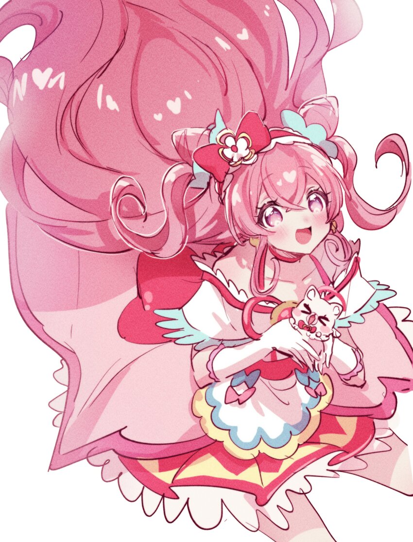 1girl absurdres blush crossed_bangs cure_precious delicious_party_precure dress floating_hair frilled_dress frilled_skirt frills gloves hair_ornament hair_ribbon highres holding kome-kome_(precure) long_hair nagomi_yui neck open_mouth parted_bangs pink_hair pink_ribbon pink_skirt precure purple_eyes ribbon skirt smile solo_focus twintails upper_body white_gloves zuzuko