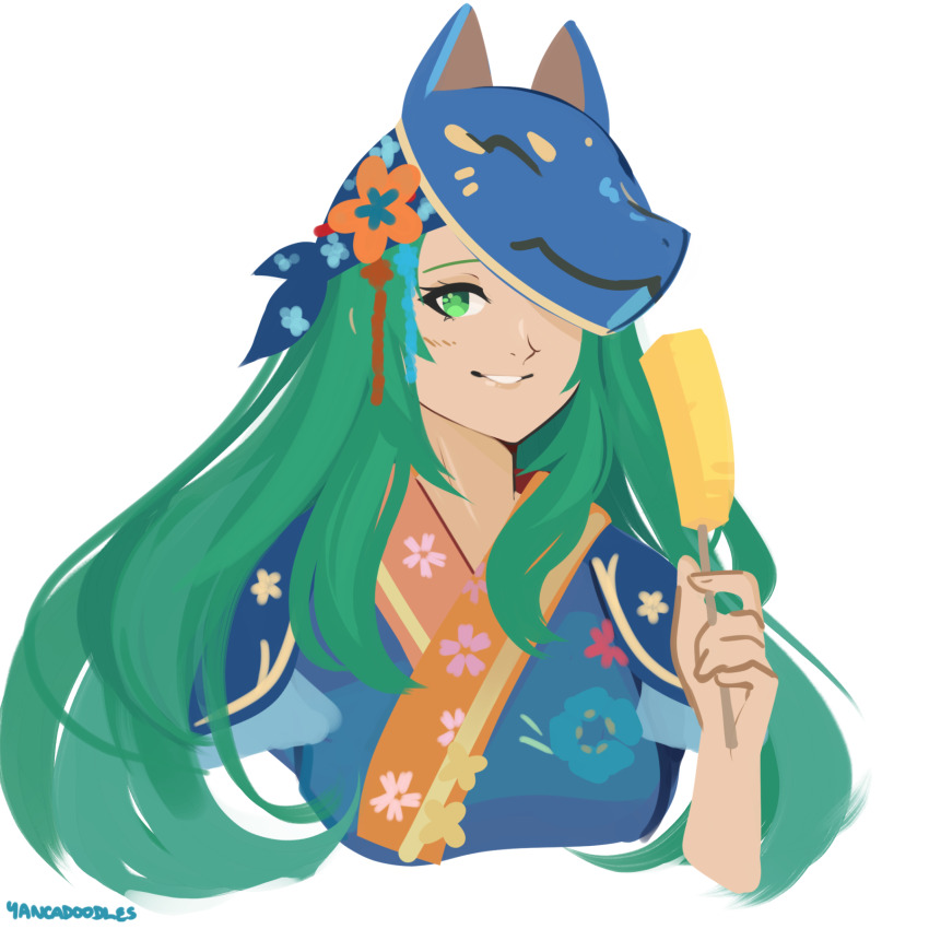 1girl fire_emblem fire_emblem:_path_of_radiance fire_emblem:_radiant_dawn fire_emblem_heroes food fox_mask green_eyes green_hair highres holding holding_food holding_popsicle japanese_clothes kimono long_hair mask mask_on_head nephenee_(fire_emblem) nephenee_(yukata)_(fire_emblem) nintendo official_alternate_costume popsicle portrait sidelocks simple_background smile solo tumblr_username upper_body white_background yancadoodles