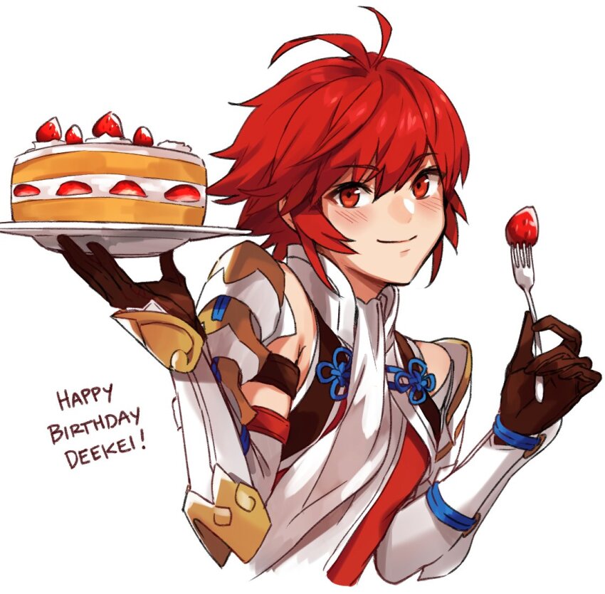 1girl antenna_hair cake fire_emblem fire_emblem_fates food fork happy_birthday hinoka_(fire_emblem) holding holding_cake holding_food holding_fork kamu_(kamuuei) light_smile looking_at_viewer messy_hair nintendo red_eyes red_hair short_hair smile strawberry_shortcake