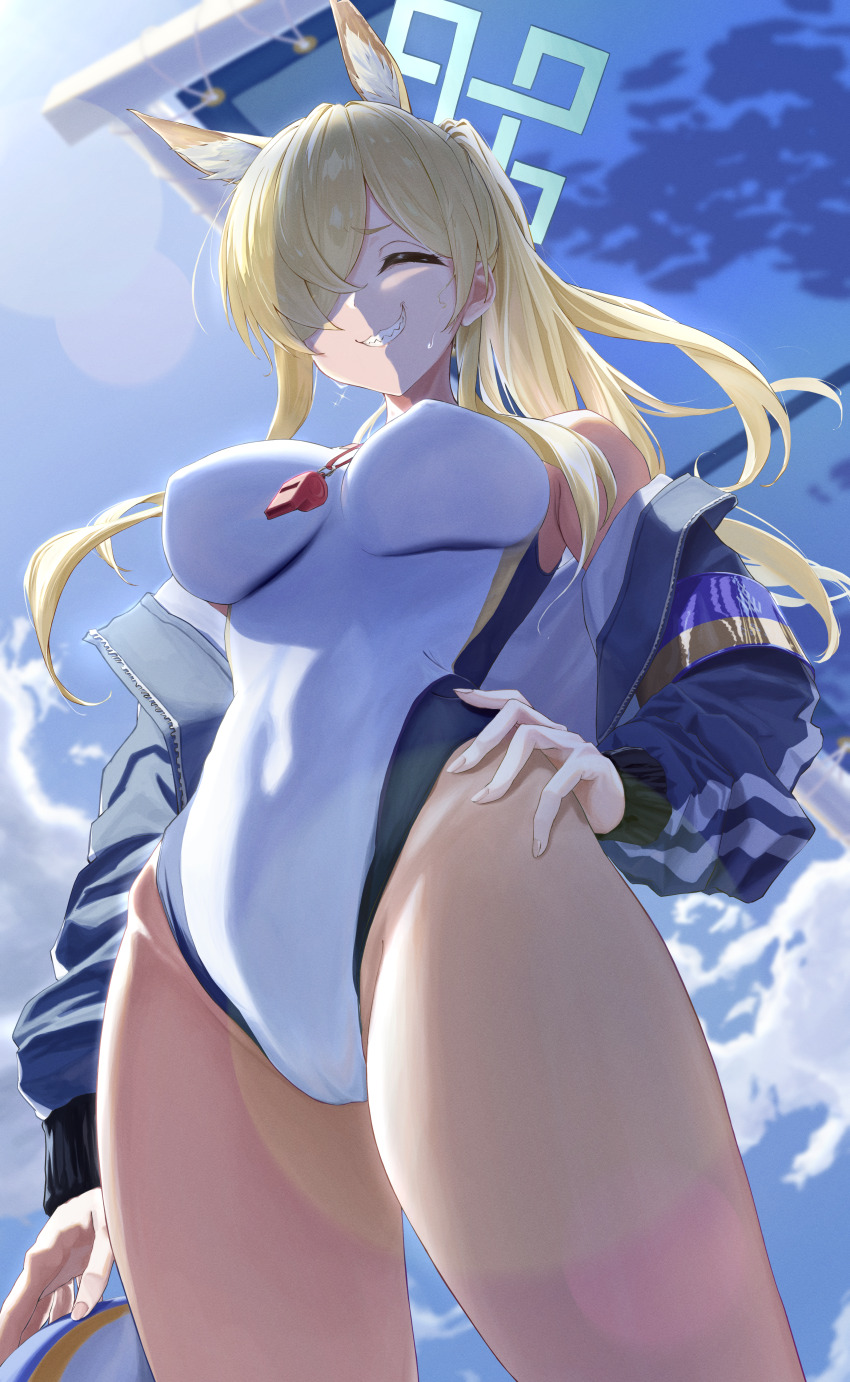 1girl absurdres animal_ear_fluff animal_ears blonde_hair blue_archive blue_jacket blue_sky bocchi_(kuropom7) breasts closed_eyes cloud cloudy_sky commentary_request competition_swimsuit covered_navel dog_ears dog_girl facing_viewer from_below hair_over_one_eye halo hand_on_own_hip highleg highleg_one-piece_swimsuit highres jacket kanna_(blue_archive) kanna_(swimsuit)_(blue_archive) large_breasts long_hair off_shoulder official_alternate_costume official_alternate_hairstyle one-piece_swimsuit open_clothes open_jacket ponytail sharp_teeth sky smile solo swimsuit teeth thighs whistle whistle_around_neck white_one-piece_swimsuit