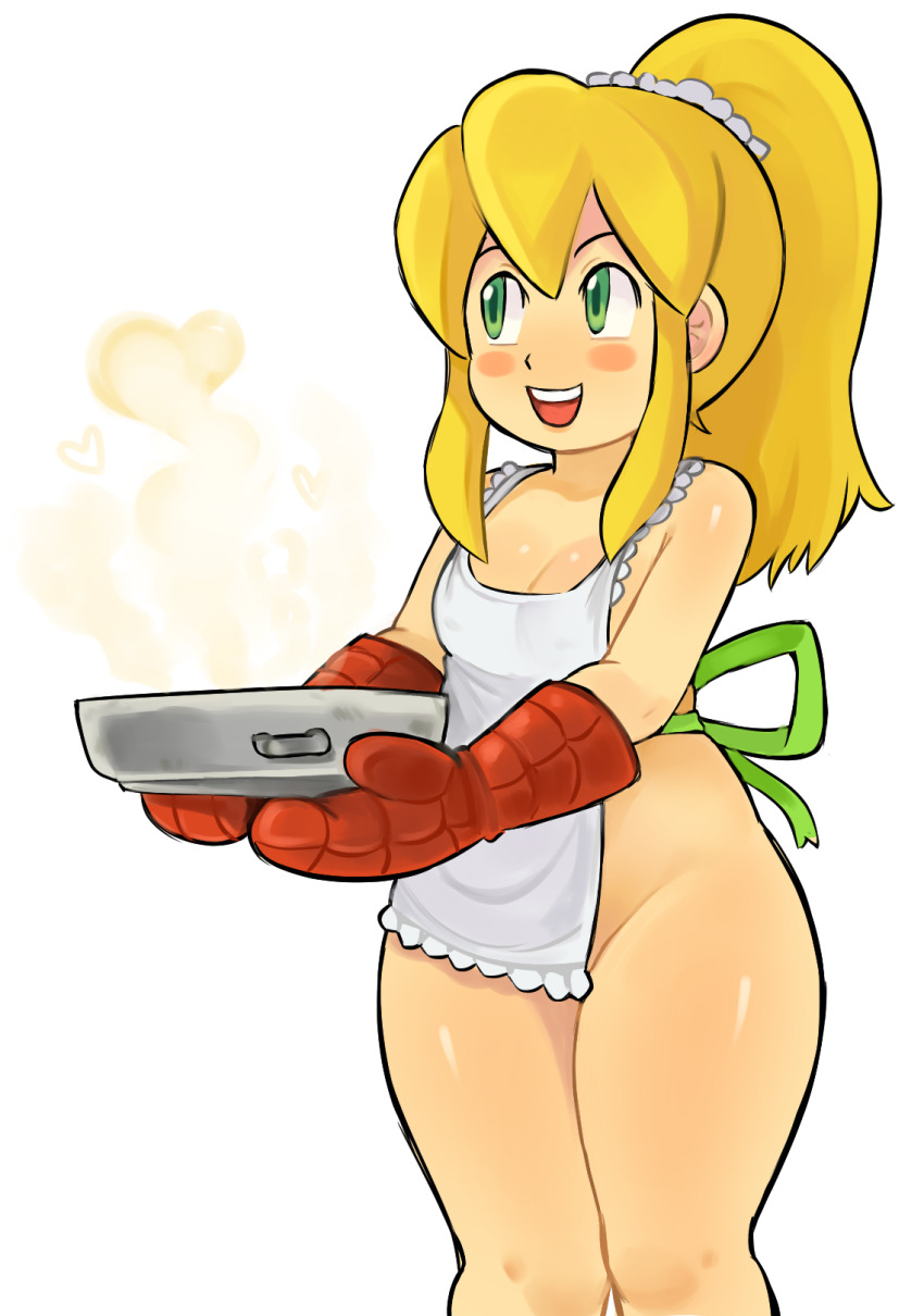 1girl apron blonde_hair blush_stickers drawfag green_eyes heart long_hair mega_man_(series) naked_apron oven_mitts roll_(mega_man) smile thick_thighs thighs white_background