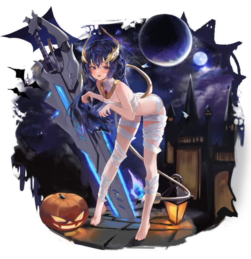 1girl absurdres bandages barefoot bent_over blush breasts commentary commission feet full_body hair_between_eyes halloween highres jack-o&#039;-lantern long_hair looking_at_viewer naked_bandage open_mouth original sidelocks sihana156 small_breasts smile solo standing tail toes