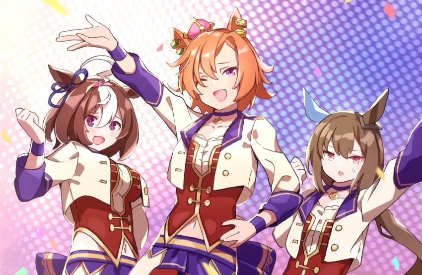 3girls admire_vega_(umamusume) ahoge blush breasts brown_hair choker starting_future_(umamusume) confetti cropped_jacket flat_chest hair_ornament hand_on_own_hip highres jacket large_breasts long_hair looking_at_viewer meisho_doto_(umamusume) multicolored_hair multiple_girls nanaheibei_3 navel one_eye_closed open_mouth orange_hair outstretched_arm purple_eyes short_hair t.m._opera_o_(umamusume) two-tone_hair umamusume upper_body very_long_hair white_hair white_jacket wristband