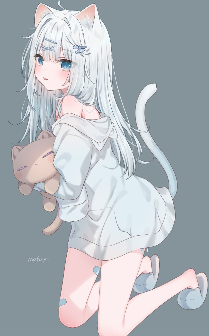 1girl animal_ear_fluff animal_ears animal_hood animal_slippers bandaid bandaid_on_leg bare_shoulders blue_eyes blush cat_ears cat_girl cat_hair_ornament cat_hood cat_tail closed_mouth commentary fake_animal_ears fish_hair_ornament grey_background grey_footwear grey_hair grey_hoodie hair_between_eyes hair_ornament hairclip highres hood hood_down hoodie kneeling long_hair long_sleeves looking_at_viewer mafuyu_(chibi21) off_shoulder original puffy_long_sleeves puffy_sleeves signature simple_background sleeves_past_fingers sleeves_past_wrists slippers solo stuffed_animal stuffed_cat stuffed_toy tail tongue tongue_out very_long_hair x_hair_ornament