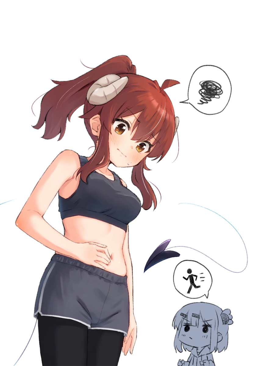 2girls black_pantyhose black_sports_bra blush breasts brown_eyes brown_hair chiyoda_momo closed_mouth collarbone demon_girl demon_horns demon_tail grey_shorts hand_on_own_stomach highres horns kuramoto_takato large_breasts long_hair looking_at_another machikado_mazoku midriff multiple_girls navel pantyhose ponytail shorts simple_background sports_bra sweat tail weight_conscious white_background yoshida_yuuko_(machikado_mazoku)