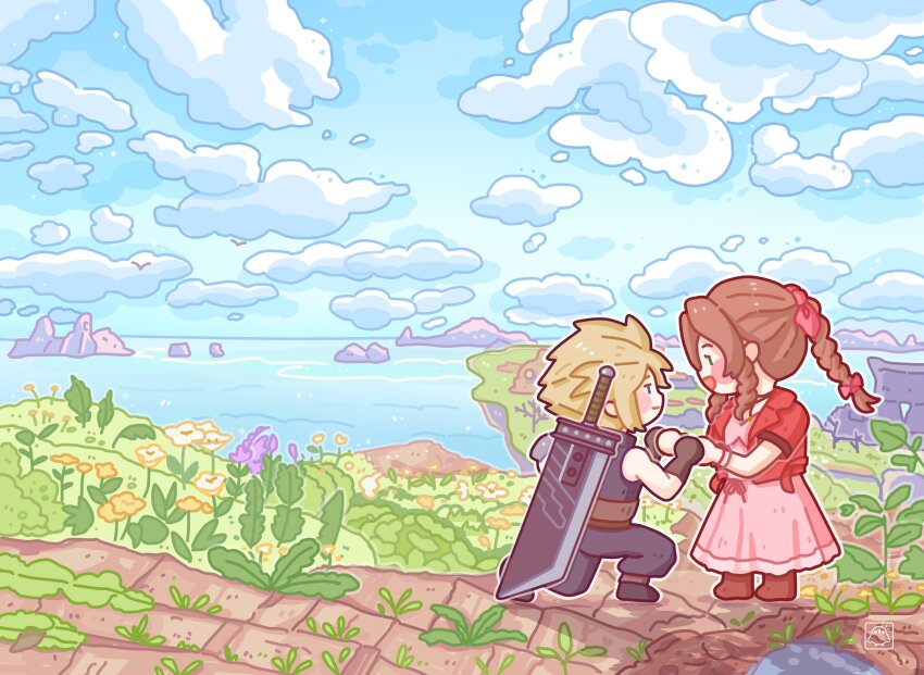 1boy 1girl absurdres aerith_gainsborough akumarations bangle belt black_footwear blonde_hair blue_pants blue_shirt boots bracelet braid braided_ponytail brown_belt brown_footwear brown_gloves brown_hair buster_sword chibi cloud cloud_strife cloudy_sky dress final_fantasy final_fantasy_vii final_fantasy_vii_rebirth final_fantasy_vii_remake flower gloves hair_ribbon highres holding_hands jacket jewelry long_dress long_hair looking_at_another nature ocean on_one_knee open_mouth outdoors pants parted_bangs pink_dress pink_ribbon purple_flower red_jacket ribbon shirt short_hair short_sleeves sidelocks single_braid sky smile spiked_hair weapon weapon_on_back white_gloves yellow_flower