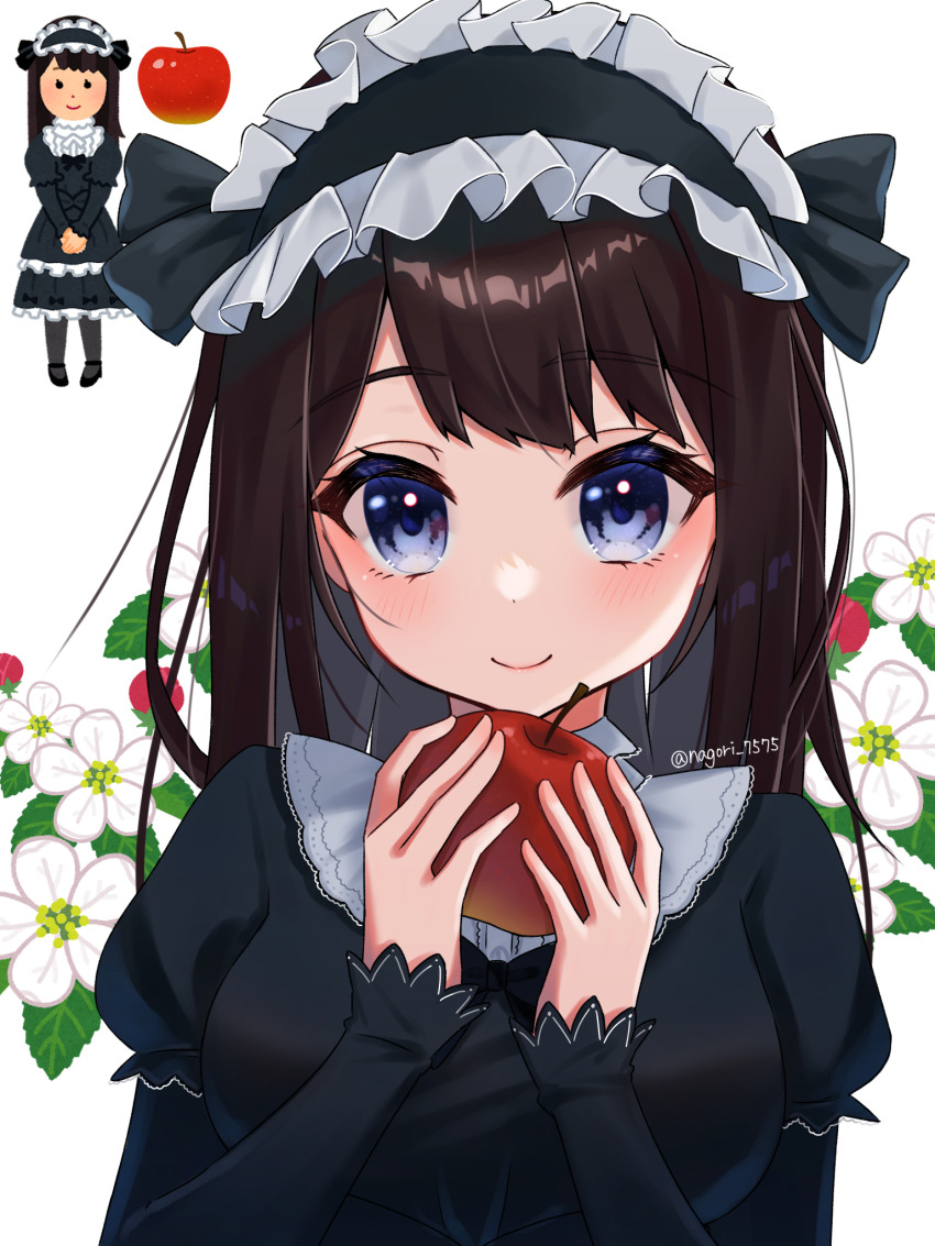 1girl apple blue_eyes brown_hair commentary_request derivative_work flower food fruit gothic_lolita hairband highres holding holding_food holding_fruit irasutoya irasutoya_challenge lolita_fashion lolita_hairband long_hair long_sleeves looking_at_viewer nagori_(nagori_7575) reference_inset smile solo upper_body