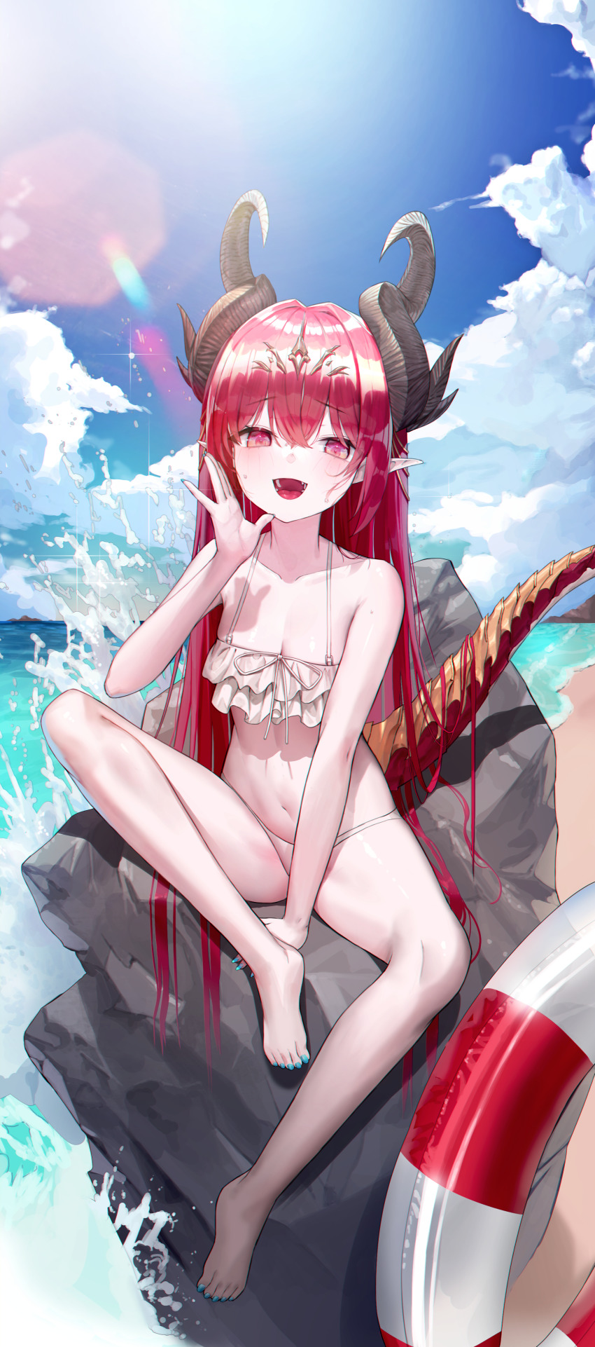 1girl :d absurdres bare_arms bare_shoulders beach between_legs bikini breasts cleavage collarbone day dragon_horns dragon_tail frilled_bikini frills hand_up highres horns lifebuoy long_hair looking_at_viewer navel open_mouth original outdoors pointy_ears red_eyes red_hair sitting small_breasts smile solo stomach string_bikini sunlight swim_ring swimsuit tail thighs very_long_hair water wet white_bikini yjs0803123