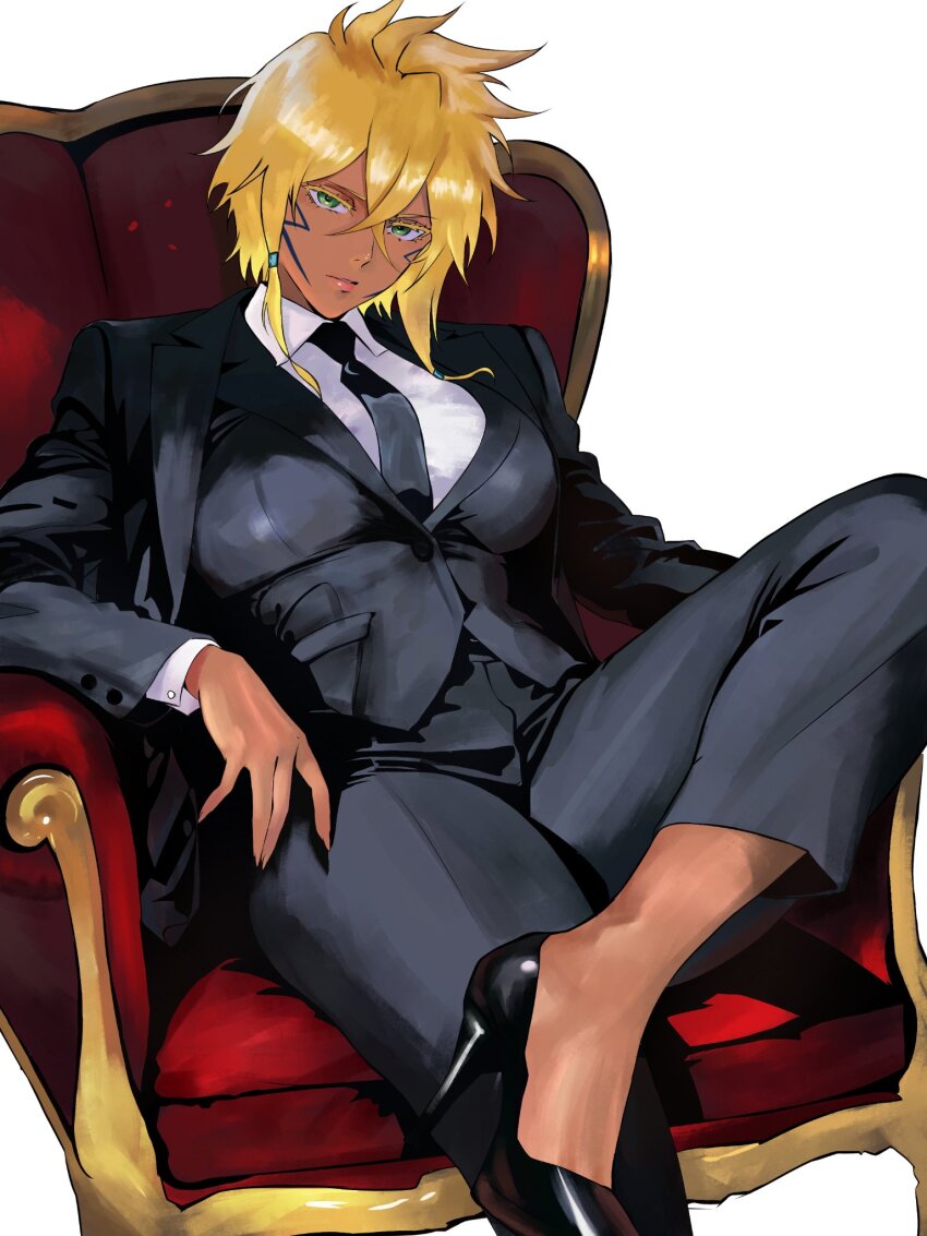 bion_(insomn_bion) black_suit bleach blonde_hair breasts chair colored_eyelashes commission crossed_legs dark-skinned_female dark_skin espada facial_mark formal_clothes green_eyes high_heels highres large_breasts lips necktie sidelocks suit tier_harribel