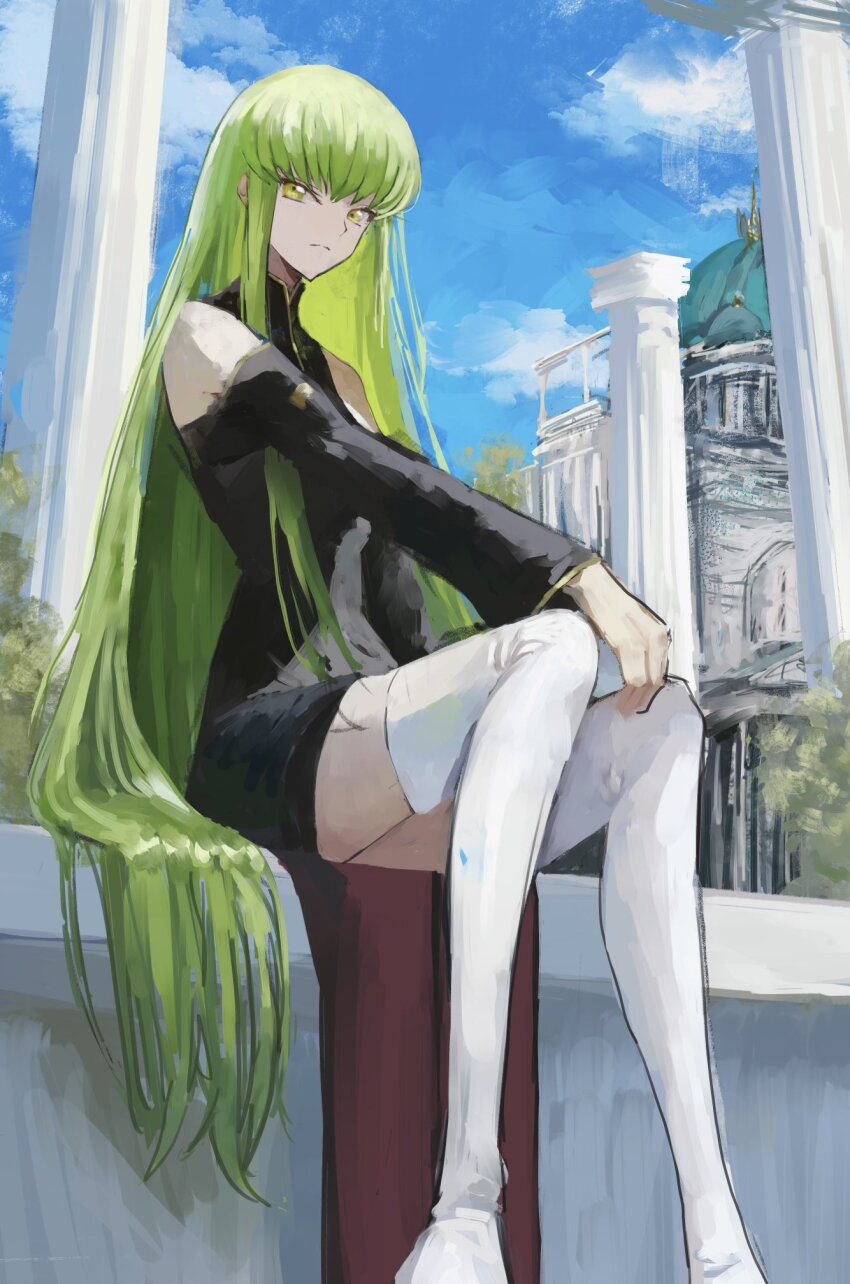 1girl bare_shoulders black_shirt blue_sky building c.c. cloud code_geass column day expressionless fuyumurasaki green_hair highres long_hair long_sleeves outdoors pillar plant shirt sitting sky solo straight_hair thighhighs very_long_hair white_thighhighs yellow_eyes