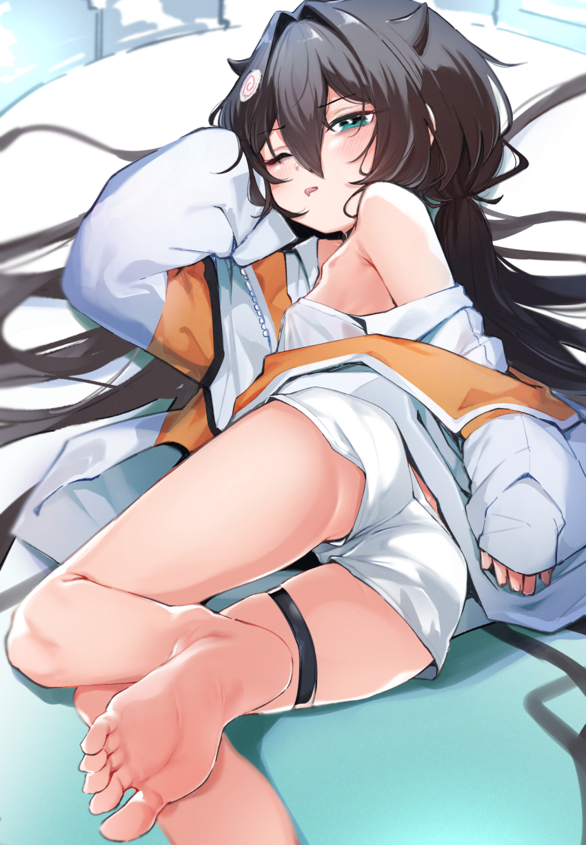 1girl barefoot black_hair breasts commentary_request drooling feet food food-themed_hair_ornament foot_out_of_frame goddess_of_victory:_nikke green_eyes hair_between_eyes hair_horns hair_intakes hair_ornament head_on_hand highres jacket kamaboko long_hair long_sleeves low_twintails lying mouth_drool narutomaki narutomaki_hair_ornament on_side one_eye_closed panties panties_under_shorts pantyshot shirt shorts single_sleeve_past_fingers sleepy sleeves_past_fingers sleeves_past_wrists small_breasts soles solo thigh_strap toes trony_(nikke) twintails underwear upshorts utsusumi_kio very_long_hair white_jacket white_shirt white_shorts