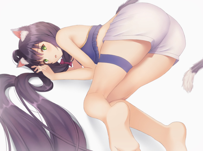 1girl absurdres all_fours animal_ear_fluff animal_ears ass ass_focus bare_arms barefoot bikini black_hair blue_bikini blush bow cat_ears cat_girl cat_tail commentary_request feet frilled_bikini frills full_body green_eyes hair_between_eyes hair_bow highres karyl_(princess_connect!) karyl_(summer)_(princess_connect!) kneepits long_hair looking_at_viewer low_twintails mimori_(mimori_05) official_alternate_costume open_mouth princess_connect! purple_bow short_shorts shorts sidelocks simple_background skindentation solo swimsuit tail thigh_strap twintails very_long_hair white_background white_shorts