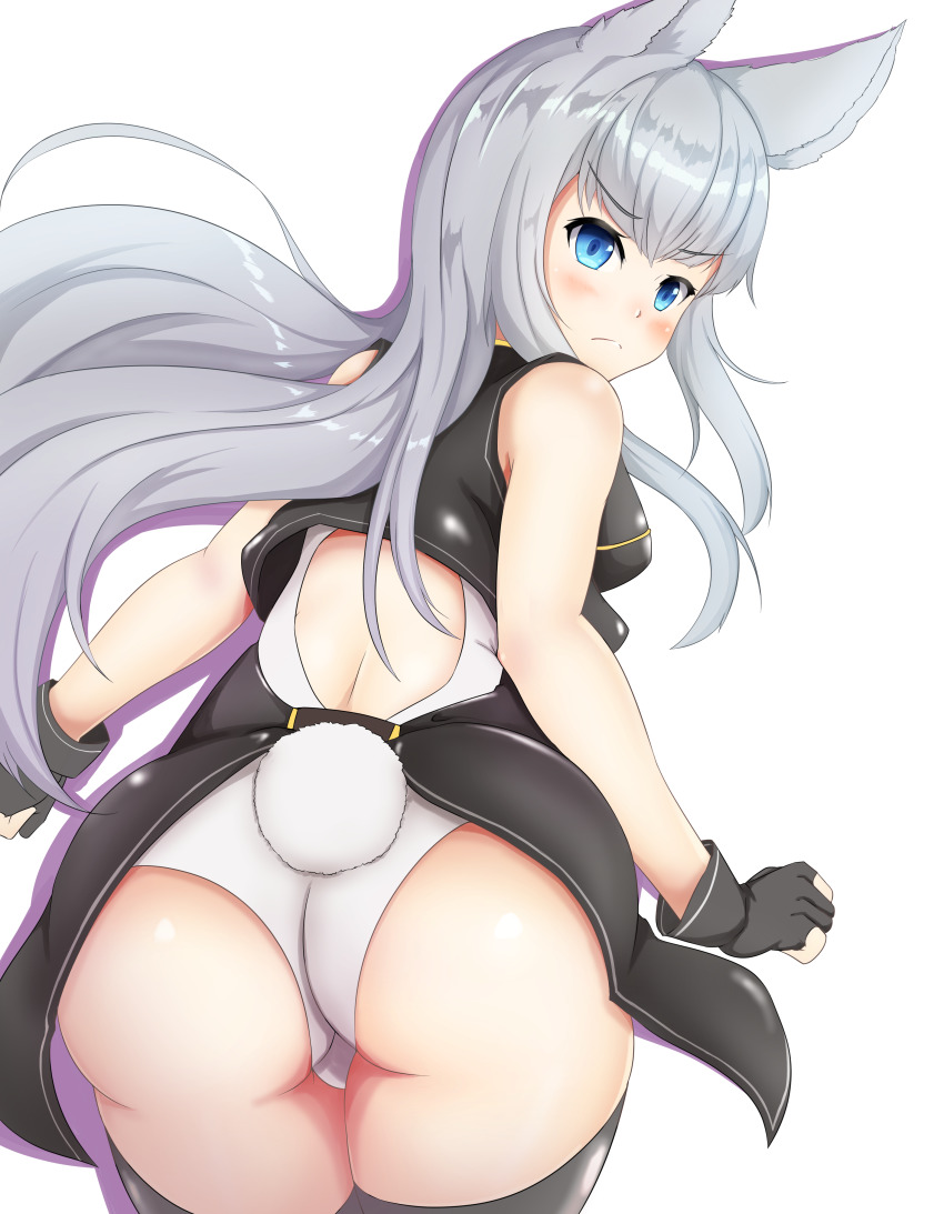 absurdres animal_ears ass backless_leotard backless_outfit bare_arms black_coat black_gloves black_legwear blackrock_shooter-0505 blue_eyes blush coat cowboy_shot fingerless_gloves floating_hair from_behind gloves granblue_fantasy highres korwa leaning_forward leotard long_hair looking_back rabbit_tail sidelocks silver_hair simple_background sleeveless standing thighhighs v-shaped_eyebrows white_background white_leotard