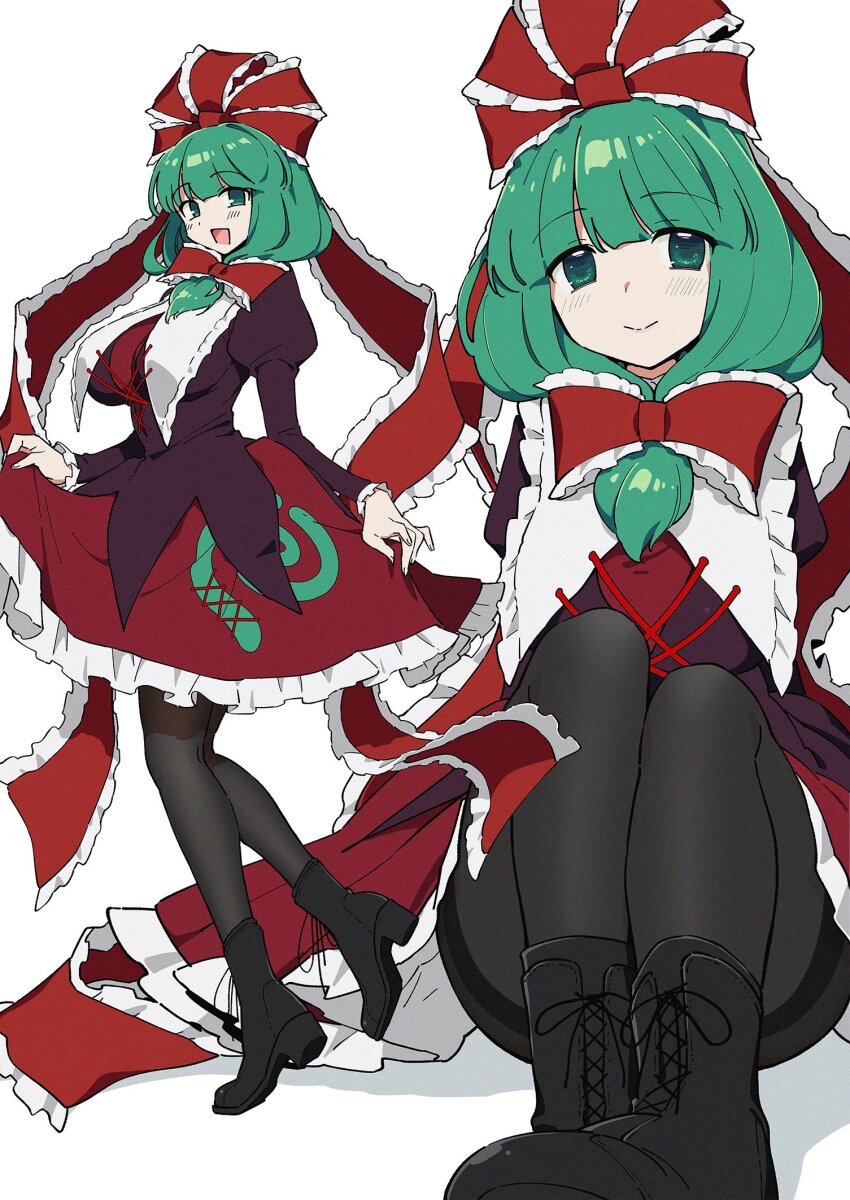 1girl black_pantyhose blunt_bangs boots bow commission dress frilled_dress frills front_ponytail futoumeido green_eyes green_hair hair_bow hair_ribbon highres kagiyama_hina looking_at_viewer pantyhose red_bow red_dress red_ribbon ribbon sitting skeb_commission touhou