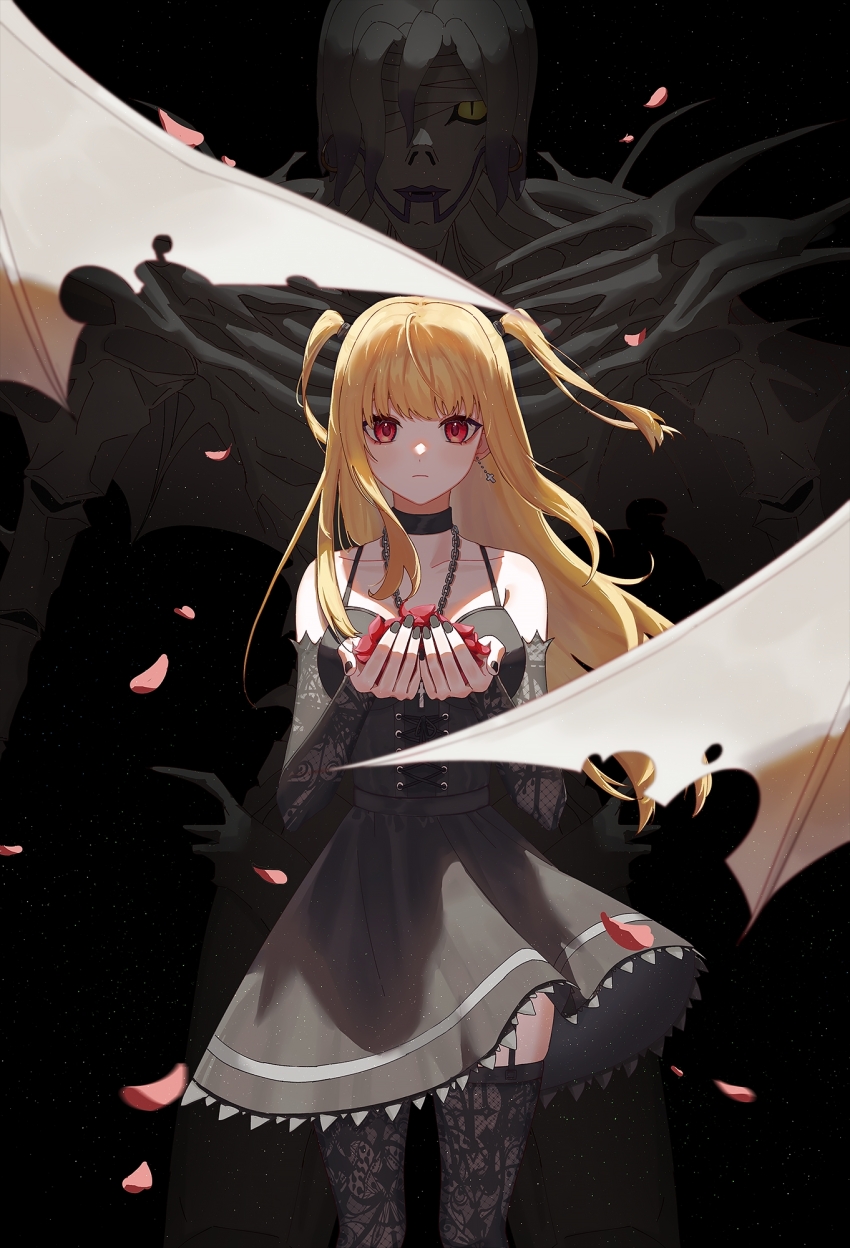 2girls amane_misa bandaged_head bandages bat_wings black_background black_choker black_dress black_nails black_sleeves black_thighhighs blonde_hair chain chinese_commentary choker commentary cross cross-laced_clothes cross-laced_dress cross_earrings death_note detached_sleeves dress earrings falling_petals feixingti frown garter_belt highres holding holding_petal jewelry lace_sleeves lace_thighhighs long_sleeves multiple_girls petals red_eyes red_petals rem_(death_note) shinigami thighhighs two_side_up wings yellow_eyes