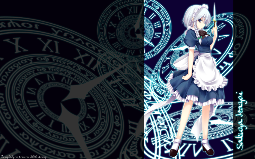 1girl apron blue_eyes bow braid character_name female_focus full_body hair_bow highres izayoi_sakuya knife luna_lia magic_circle maid maid_apron maid_headdress short_hair silver_hair solo throwing_knife touhou weapon