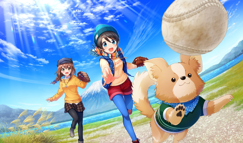 2girls :d baseball_(object) baseball_glove black_hair black_pantyhose blue_bow blue_eyes blue_pantyhose blue_sky blue_vest boots bow braid brown_eyes brown_hair brown_shirt brown_skirt chihuahua chikuwa_(yurucamp) cinderella_series cloud collared_shirt crossover dog dutch_angle fisheye game_cg grey_footwear hachigatsu_no_cinderella_nine hair_bow hair_ornament highres lake light_rays long_hair long_sleeves looking_at_animal low_twin_braids mount_fuji mountain multicolored_clothes multicolored_scarf multiple_girls non-web_source official_alternate_hairstyle official_art open_clothes open_mouth open_vest orange_sweater outdoors pantyhose plaid_clothes plaid_skirt red_footwear red_shorts running saitou_ena scarf shirt short_hair shorts skirt sky smile sunbeam sunlight sweater twin_braids ukita_akane vest white_shirt yurucamp