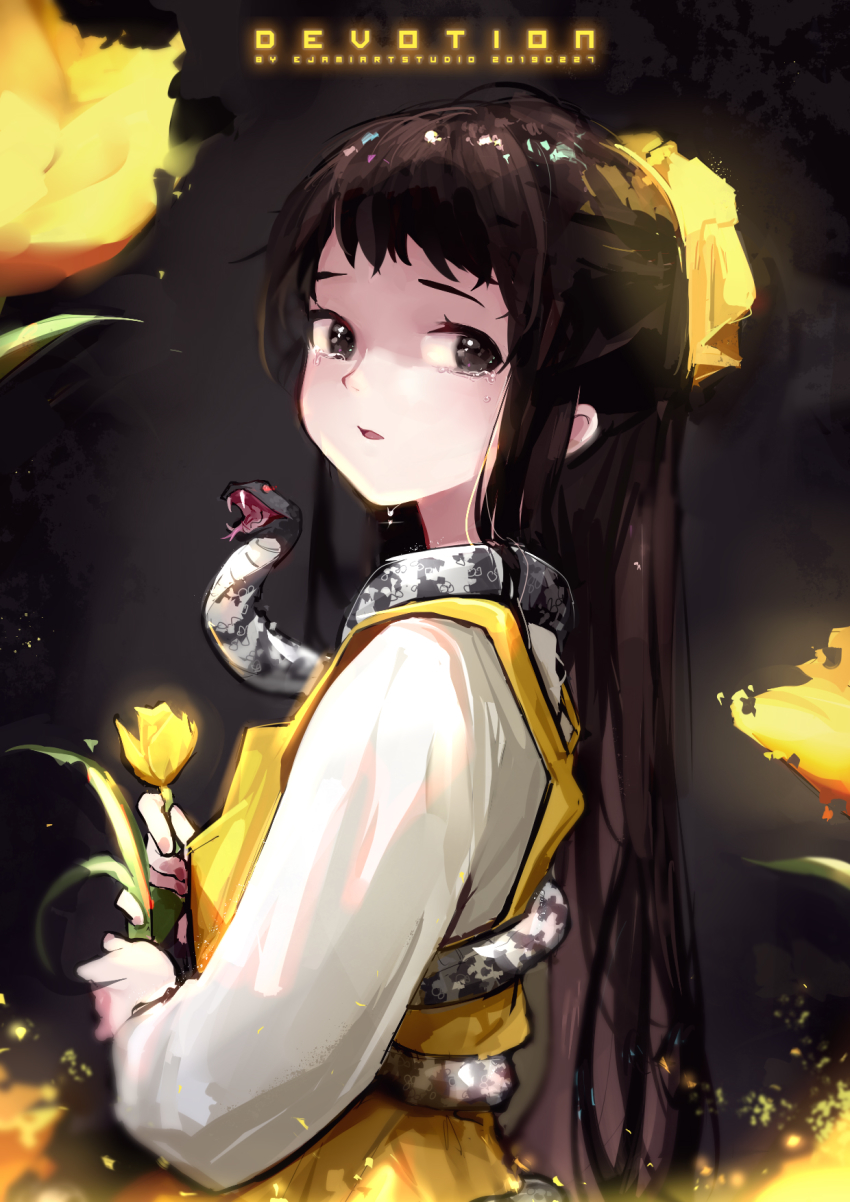 1girl black_hair bow devotion dress du_meishin ejami flower hair_bow hairband highres long_hair looking_at_viewer open_mouth shirt snake solo tears white_shirt yellow_bow yellow_dress yellow_flower yellow_hairband