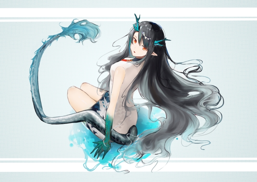 1girl arknights black_hair colored_skin dragon_girl dragon_horns dragon_tail dress dusk_(arknights) eastern_dragon_tail gradient_skin green_horns green_skin horns hua_qingye looking_back multicolored_hair pointy_ears red_eyes solo streaked_hair tail white_dress