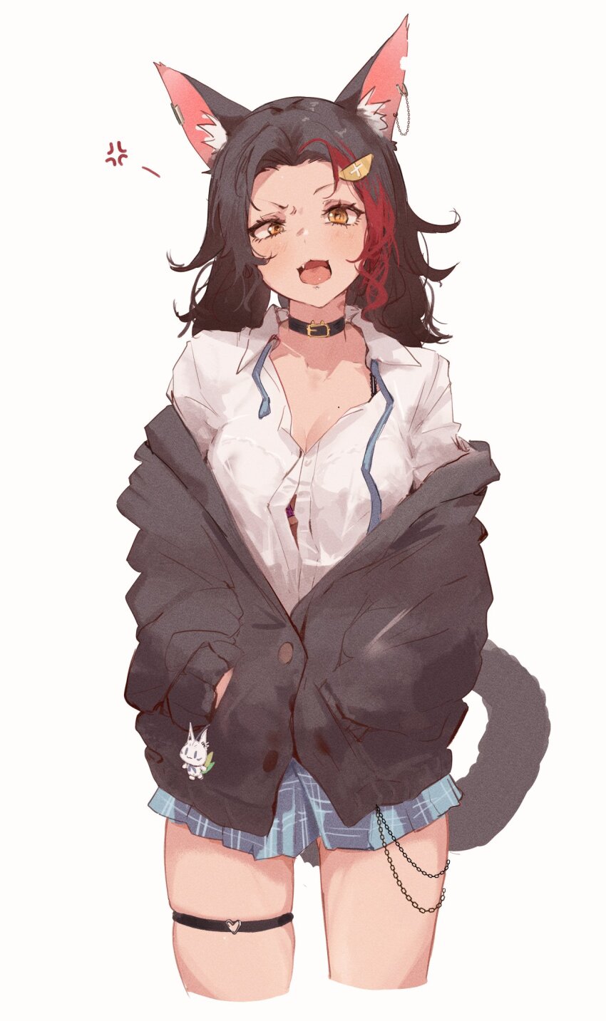 1girl alternate_costume alternate_hairstyle angry animal_ear_fluff animal_ear_piercing animal_ears belt_collar black_choker black_hair black_jacket black_tail bra_strap breasts chain chain_earrings choker collar cropped_legs disheveled fang gyaru hickey highres hololive jacket looking_at_viewer menomeno_draw mole mole_on_breast multicolored_hair ookami_mio parted_bangs pleated_skirt red_hair shirt simple_background skirt solo sukonbu_(shirakami_fubuki) tail thigh_strap unbuttoned virtual_youtuber white_background white_shirt wolf_ears wolf_girl wolf_tail yellow_eyes