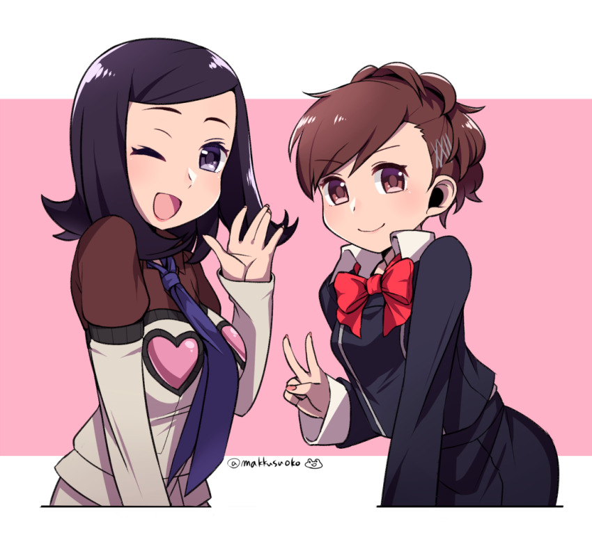 2girls amano_maya black_hair breasts brown_hair closed_mouth do_m_kaeru gekkoukan_high_school_uniform hair_ornament hairclip in-franchise_crossover long_hair looking_at_viewer multiple_girls one_eye_closed open_mouth persona persona_2 persona_3 persona_3_portable school_uniform shiomi_kotone short_hair skirt smile v