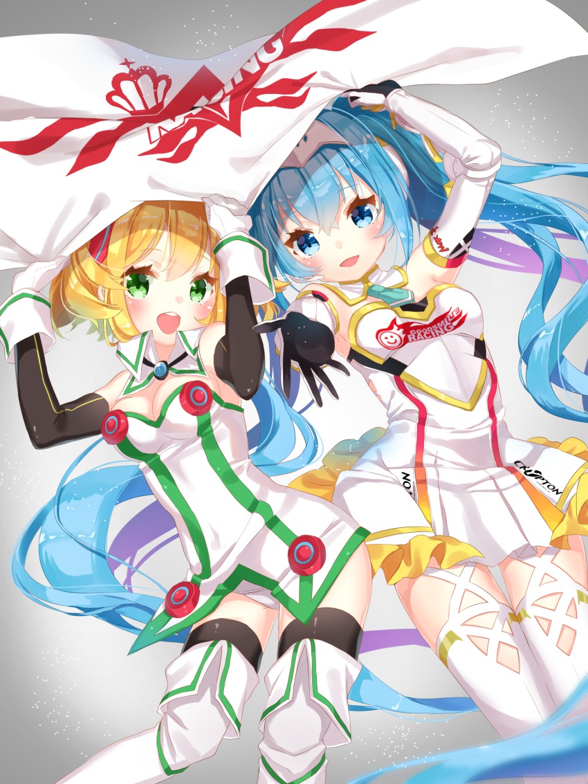 10s 2girls :d absurdres aqua_eyes aqua_hair arm_warmers arms_up bare_shoulders black_legwear blonde_hair boots breasts cleavage crossover detached_collar dress flag gloves goodsmile_company goodsmile_racing green_eyes hacka_doll hacka_doll_1 hatsune_miku highres hug jimmy_madomagi kagamine_rin long_hair medium_breasts multiple_girls necktie open_mouth race_queen racing_miku racing_miku_(2015) short_hair skirt small_breasts smile thigh_boots thighhighs twintails very_long_hair vocaloid white_dress white_gloves white_legwear