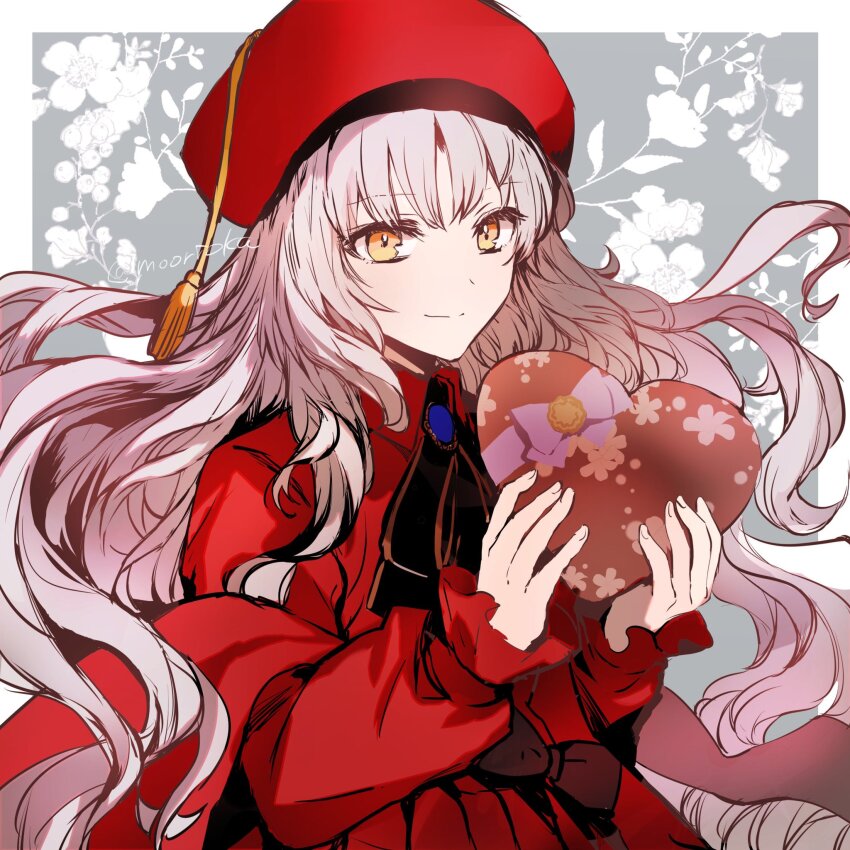 1girl beret box breasts brooch caren_hortensia caren_hortensia_(amor_caren) caren_hortensia_(amor_caren)_(second_ascension) dress fate/grand_order fate_(series) hat heart-shaped_box highres jewelry long_hair long_sleeves looking_at_viewer medium_breasts neck_ribbon red_dress red_hat ribbon rioka_(southern_blue_sky) shawl smile solo valentine wavy_hair white_hair yellow_eyes