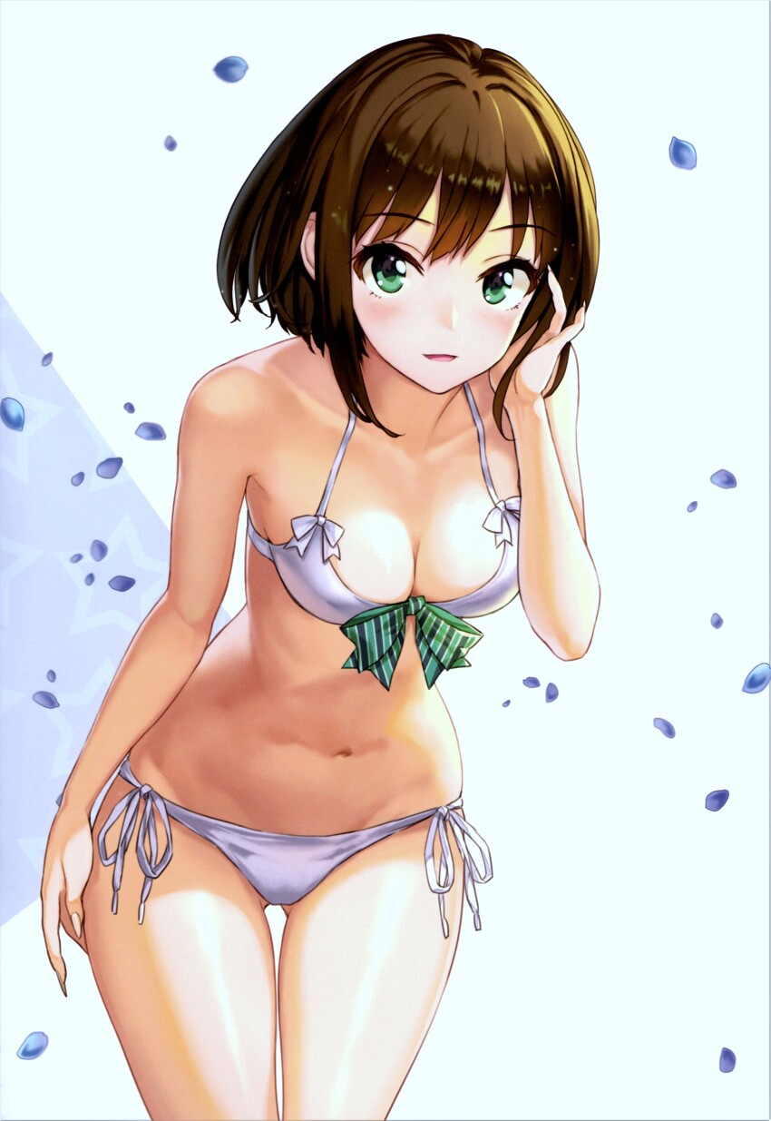 1girl absurdres alternate_hair_length alternate_hairstyle bare_shoulders bikini blue_background blush bow breasts brown_hair cleavage collarbone cowboy_shot falling_petals fingernails front-tie_top gluteal_fold green_bow green_eyes halterneck hamahama highres hip_focus idolmaster idolmaster_cinderella_girls leaning_forward long_fingernails looking_at_viewer medium_breasts navel parted_lips petals scan shibuya_rin shiny_skin short_hair side-tie_bikini_bottom simple_background smile solo striped_bow swimsuit thigh_gap thighs white_background white_bikini