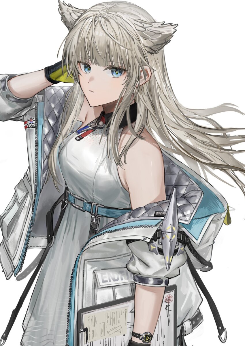 1girl arknights arknights:_endfield bare_shoulders blue_eyes breasts clipboard closed_mouth collared_dress commentary cowboy_shot dress from_side grey_dress grey_hair grey_jacket head_wings highres holding holding_clipboard jacket long_hair looking_at_viewer looking_to_the_side medium_breasts off_shoulder open_clothes open_jacket perlica_(arknights) shiro_(siro_kuten) simple_background sleeveless sleeveless_dress solo two-tone_gloves watch white_background wings wristwatch