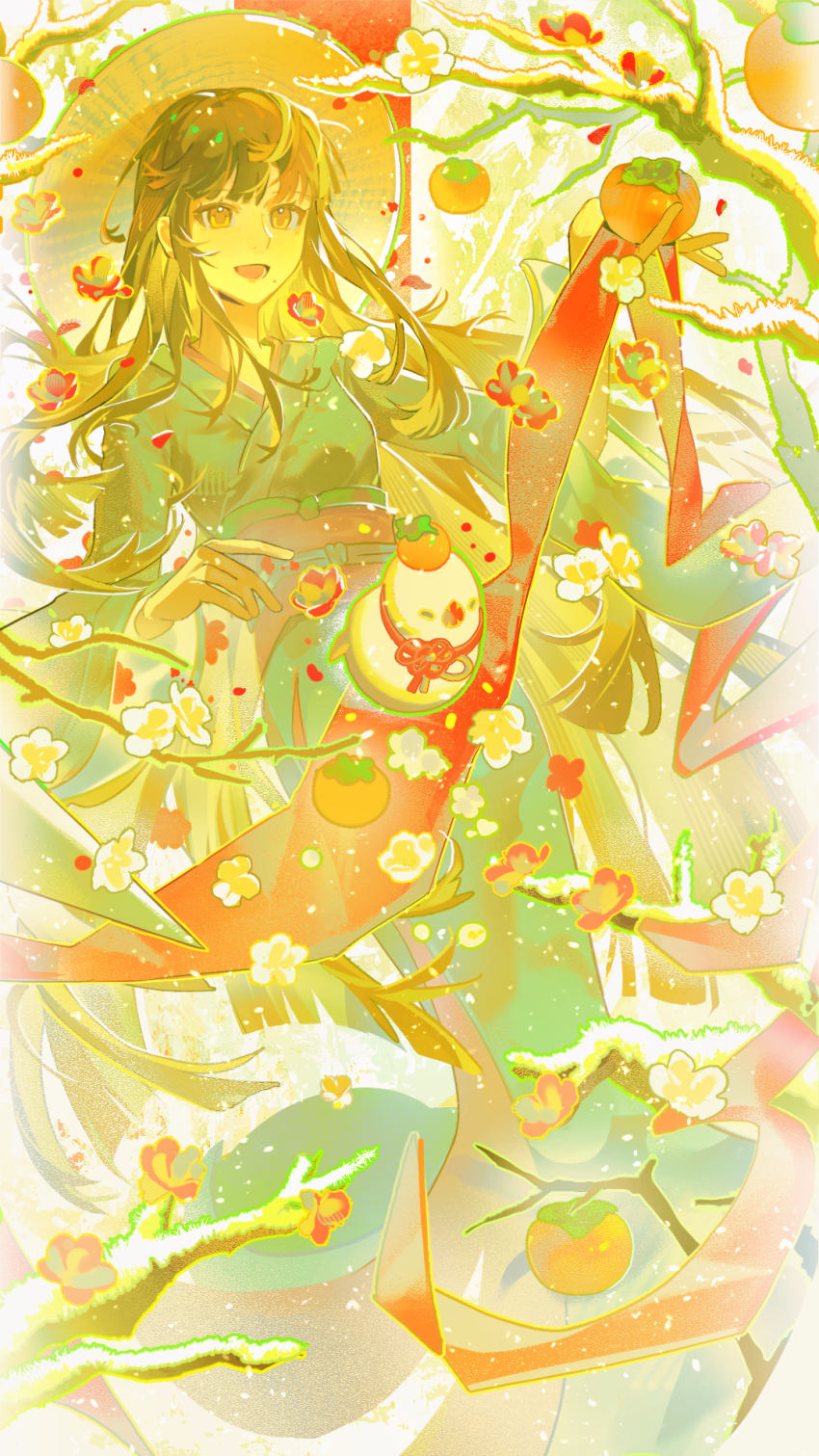 1girl black_hair branch falling_flower falling_petals final_fantasy final_fantasy_xiv flower food fruit full_body great_serpent_of_ronka green_kimono hat highres holding holding_food holding_fruit hyur japanese_clothes kimono long_hair mole mole_under_mouth obi obijime open_mouth persimmon petals sash smile solo straw_hat wu_huo_(nor020113) yellow_eyes yellow_flower yellow_theme yotsuyu_goe_brutus