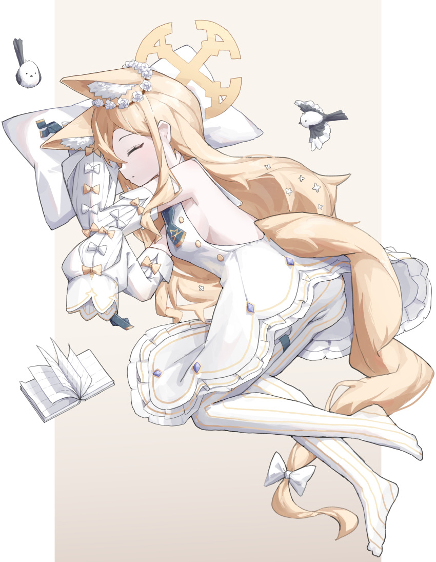 1girl absurdres animal_ear_fluff animal_ears ass bird blonde_hair blue_archive book breasts closed_eyes closed_mouth cross_halo detached_sleeves deuroseu dress dutch_angle ear_wreath extra_ears flower_wreath fox_ears fox_girl fox_tail frilled_dress frills from_side full_body hair_between_eyes hair_ornament halo highres long-tailed_tit long_hair long_sleeves lying no_shoes on_side open_book pantyhose pillarboxed pillow pinstripe_pantyhose profile seia_(blue_archive) sideboob sleeping sleeve_bow sleeveless sleeveless_dress sleeves_past_fingers sleeves_past_wrists solo striped_clothes striped_pantyhose tail thigh_strap tit_(bird) vertical-striped_clothes vertical-striped_pantyhose white_bird white_dress white_pantyhose yellow_halo