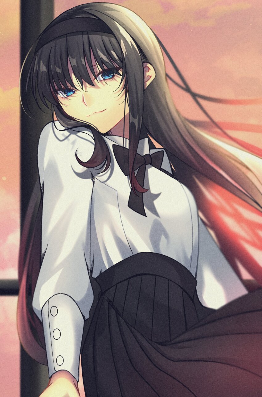 1girl absurdres black_hair black_hairband black_ribbon black_skirt blue_eyes closed_mouth commentary_request exa_(koyuru) floating_hair hairband highres long_hair long_sleeves looking_at_viewer neck_ribbon orange_sky pleated_skirt ribbon shirt skirt sky smile solo sunset tohno_akiha tsukihime tsukihime_(remake) very_long_hair white_shirt window