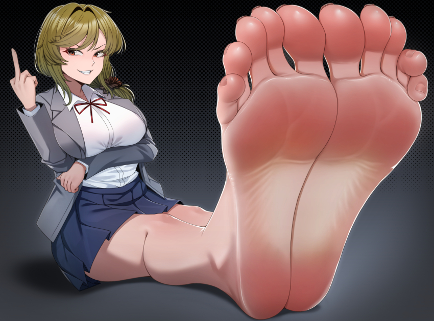 1girl absurdres barefoot blonde_hair brown_eyes feet gekkan_shoujo_nozaki-kun grin highres long_hair middle_finger seo_yuzuki smile soles toes tsa