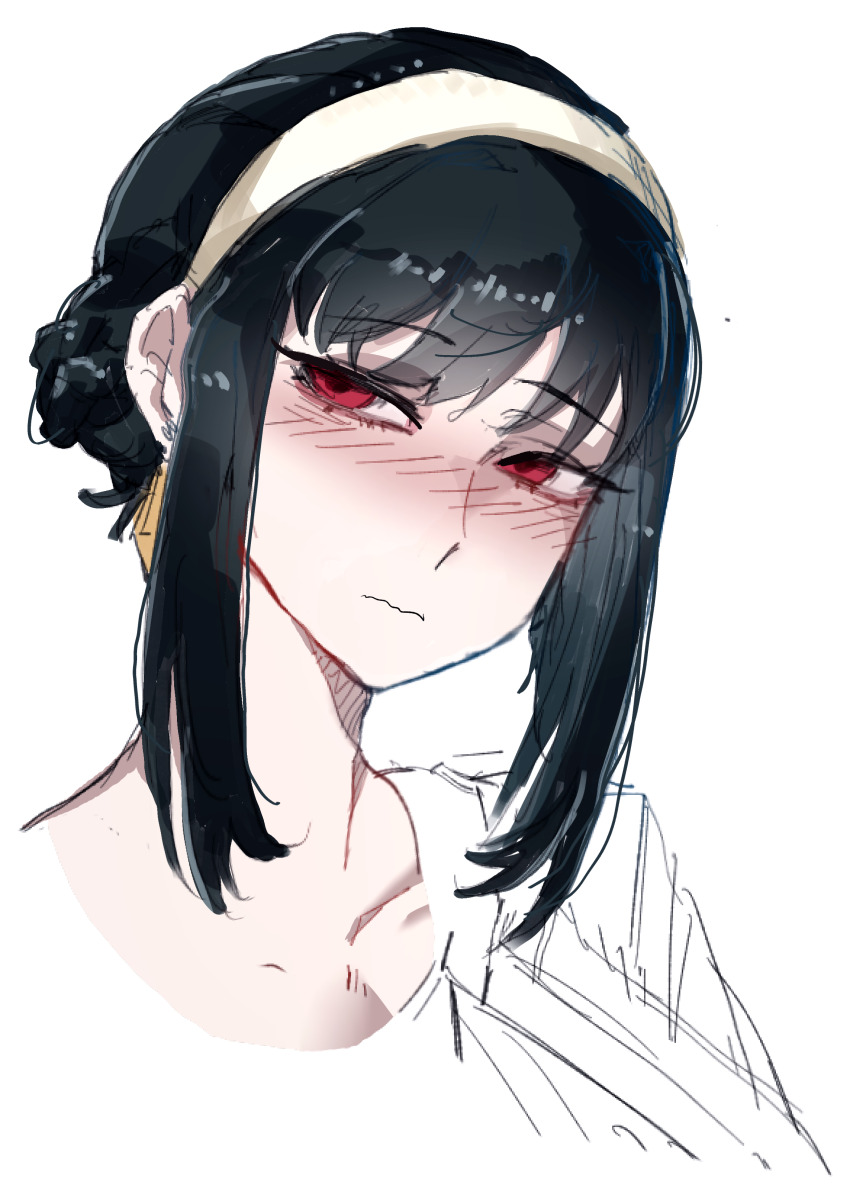 1girl absurdres black_hair blush closed_mouth earrings hairband highres jewelry milkyleo nose_blush red_eyes simple_background solo spy_x_family white_background white_hairband yor_briar