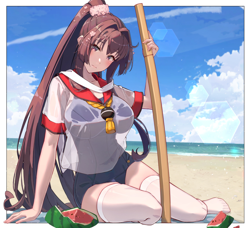 1girl alternate_costume beach beach_towel bikini blue_one-piece_swimsuit blue_sky breasts brown_hair closed_mouth cloud commentary_request covered_navel food fruit hair_intakes highres himeyamato kantai_collection katana large_breasts lens_flare long_hair multicolored_bikini ocean one-piece_swimsuit parted_bangs planted planted_sword planted_weapon red_eyes revision sand school_swimsuit school_uniform see-through_clothes see-through_shirt serafuku shirasaya shirt sidelocks sitting sky solo suikawari swimsuit swimsuit_under_clothes sword thighhighs towel two-tone_bikini very_long_hair watermelon weapon white_blindfold white_thighhighs yamato_(kancolle) yokozuwari