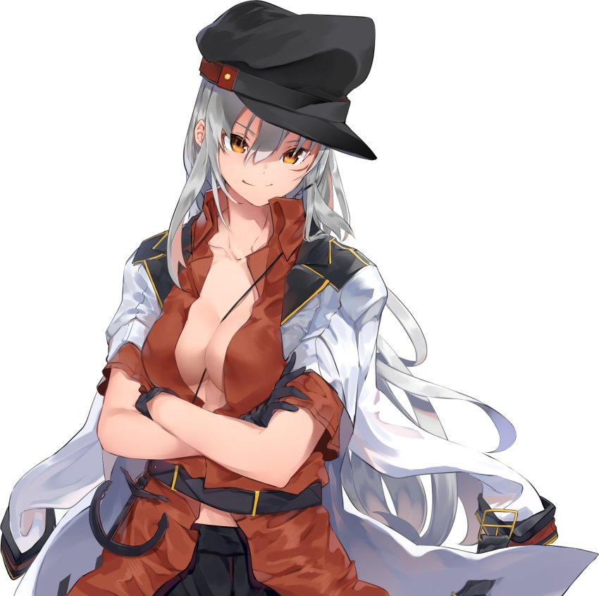 1girl anchor between_breasts black_gloves black_hat black_skirt breasts cleavage crossed_arms facial_scar gangut_(kancolle) gegesan gloves grey_hair hair_between_eyes hat highres jacket jacket_on_shoulders kantai_collection long_hair medium_breasts open_clothes open_shirt orange_eyes red_shirt scar scar_on_cheek scar_on_face shirt short_sleeves simple_background skirt smile solo strap_between_breasts white_background