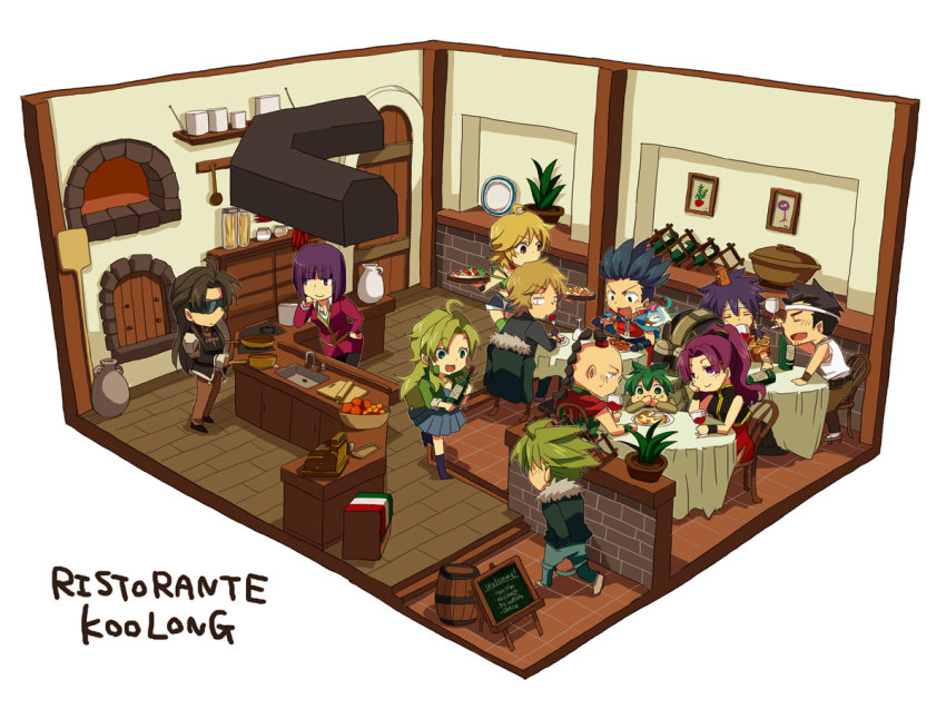 4girls ahoge annie_(saga_frontier) aqua_eyes blonde_hair blue_eyes breasts brown_hair commentary_request em_crazy emilia_(saga_frontier) everyone fei-on fuse_(saga_frontier) gen_(saga) liza_(saga_frontier) long_hair lute_(saga_frontier) mei_ling multiple_boys multiple_girls orange_hair purple_eyes purple_hair red_(saga_frontier) ren_(saga_frontier) riki_(saga) roufas saga saga_frontier short_hair t260g_(saga)