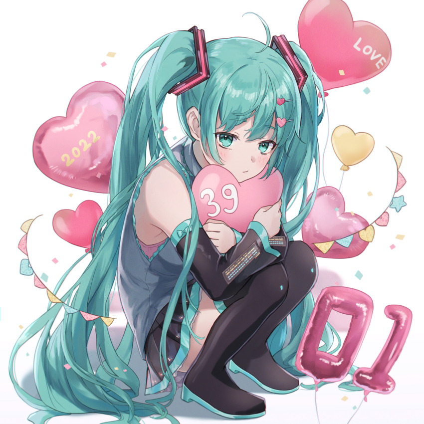 1girl 39 2022 ahoge aqua_eyes aqua_hair ashika_(yftcc948) balloon bare_shoulders birthday black_skirt black_sleeves black_thighhighs boots commentary detached_sleeves grey_shirt hair_ornament hatsune_miku heart_balloon highres hug long_hair looking_at_viewer miku_day miniskirt pleated_skirt shirt skirt sleeveless sleeveless_shirt solo squatting thigh_boots thighhighs twintails very_long_hair vocaloid