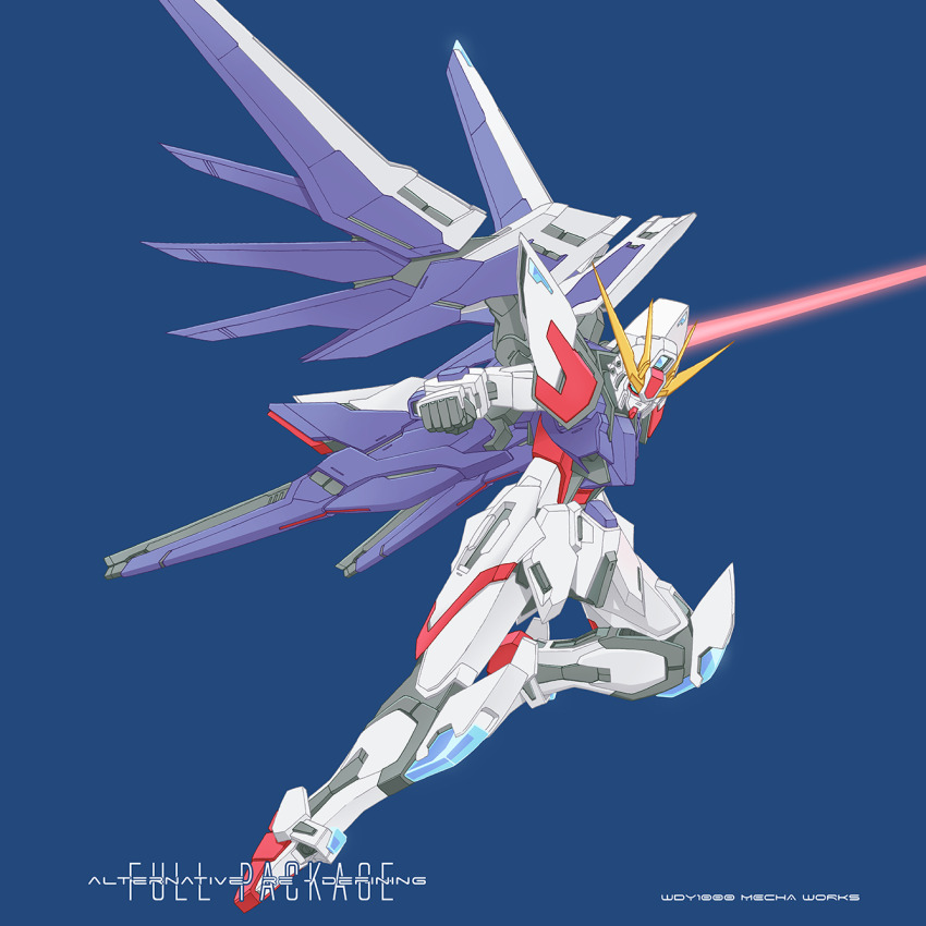 beam_saber beam_sword beam_weapon blue_background commentary english_commentary gundam gundam_build_fighters highres holding holding_beam_saber holding_sword holding_weapon mecha mobile_suit no_humans robot saber_(weapon) simple_background star_build_strike_gundam sword v-fin wdy1000 weapon