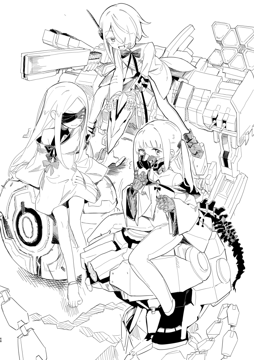 3girls bandaged_hand bandages bare_shoulders barefoot black_blindfold blindfold blue_archive blush dress ein_(blue_archive) forehead greyscale hair_between_eyes hair_over_one_eye highres long_hair looking_at_viewer mask mecha_pilot_suit mechanical_arms monochrome mouth_mask multiple_girls ohr_(blue_archive) open_mouth short_hair sidelocks smile sof_(blue_archive) twintails umiwashi white_dress